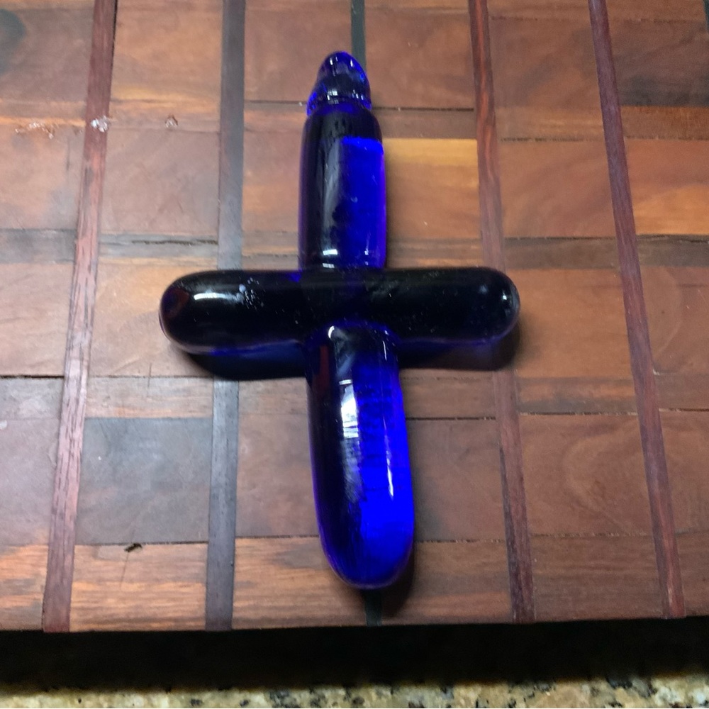 Blown glass hanging cross cobalt blue